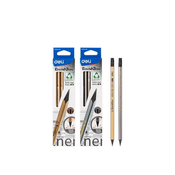DELI ΜΟΛΥΒΙ ΤΡΙΓΩΝΟ ΜΕ ΓΟΜΑ HB WOOD-FREE BLISTER ENOVATION ΧΡΥΣΟ/ΑΣΗΜΙ 12 ΤΕΜΑΧΙΑ