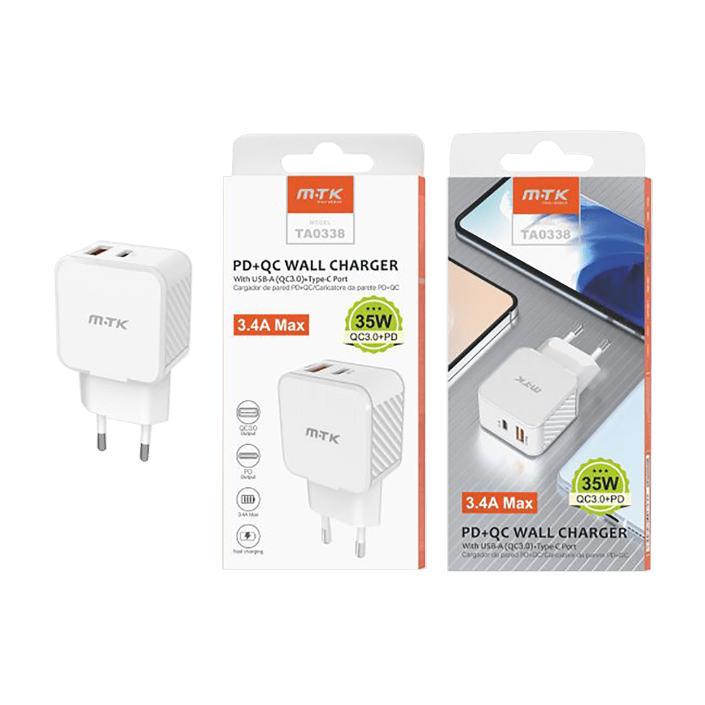 MTK ΦΟΡΤΙΣΤΗΣ ΧΩΡΙΣ ΚΑΛΩΔΙΟ 3.4 Α/ 35W 1 USB TYPE A & 1 TYPE C ΛΕΥΚΟΣ